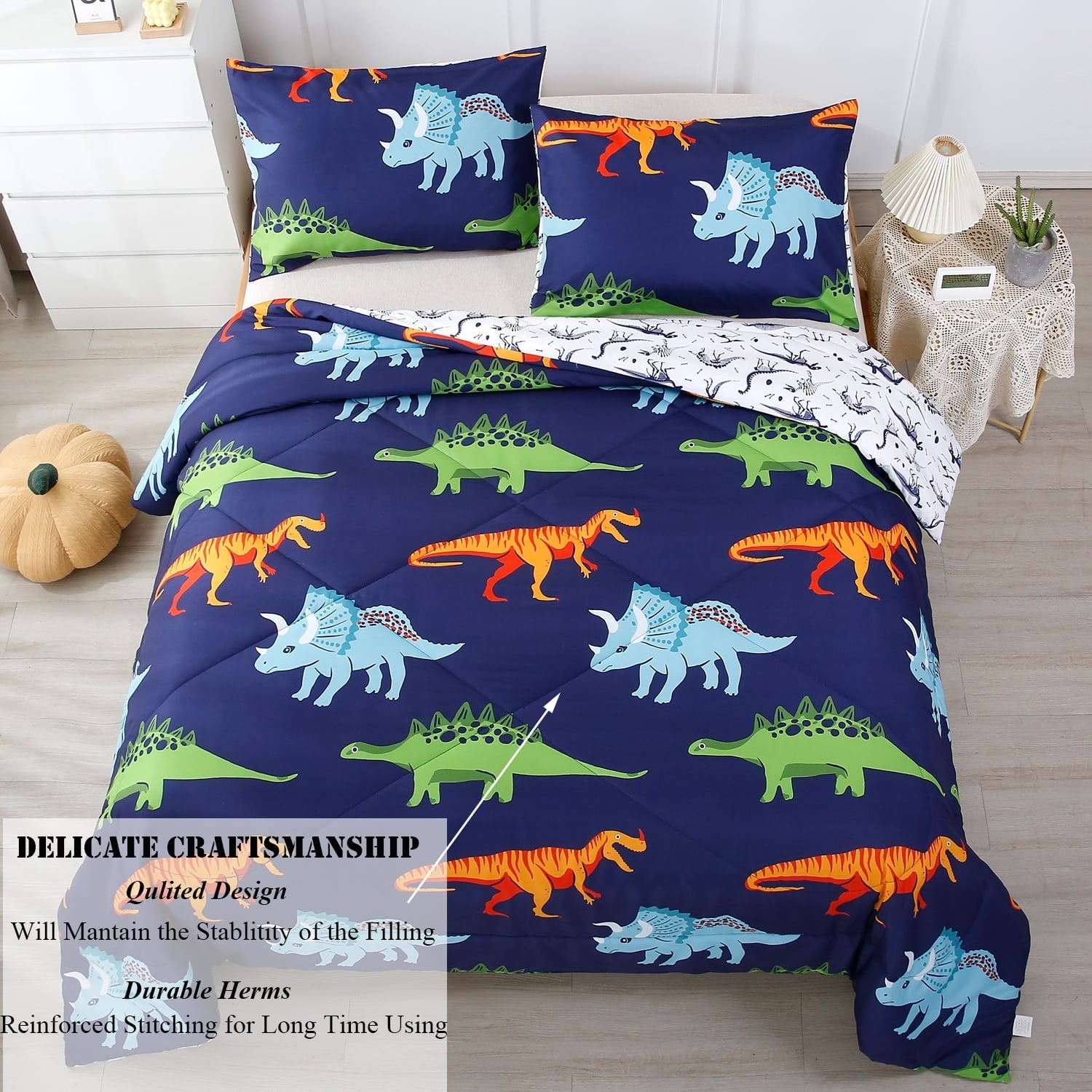 Heavyweight Warmth 3 Pcs Dinosaur Twin Size Bedding Sets for Boys, Dinosaur Printing Boys Comforter Set, Blue and White Reversible Bed C... - Hypoallergenic Ultra-Fluffy Quilt for Winter Detail