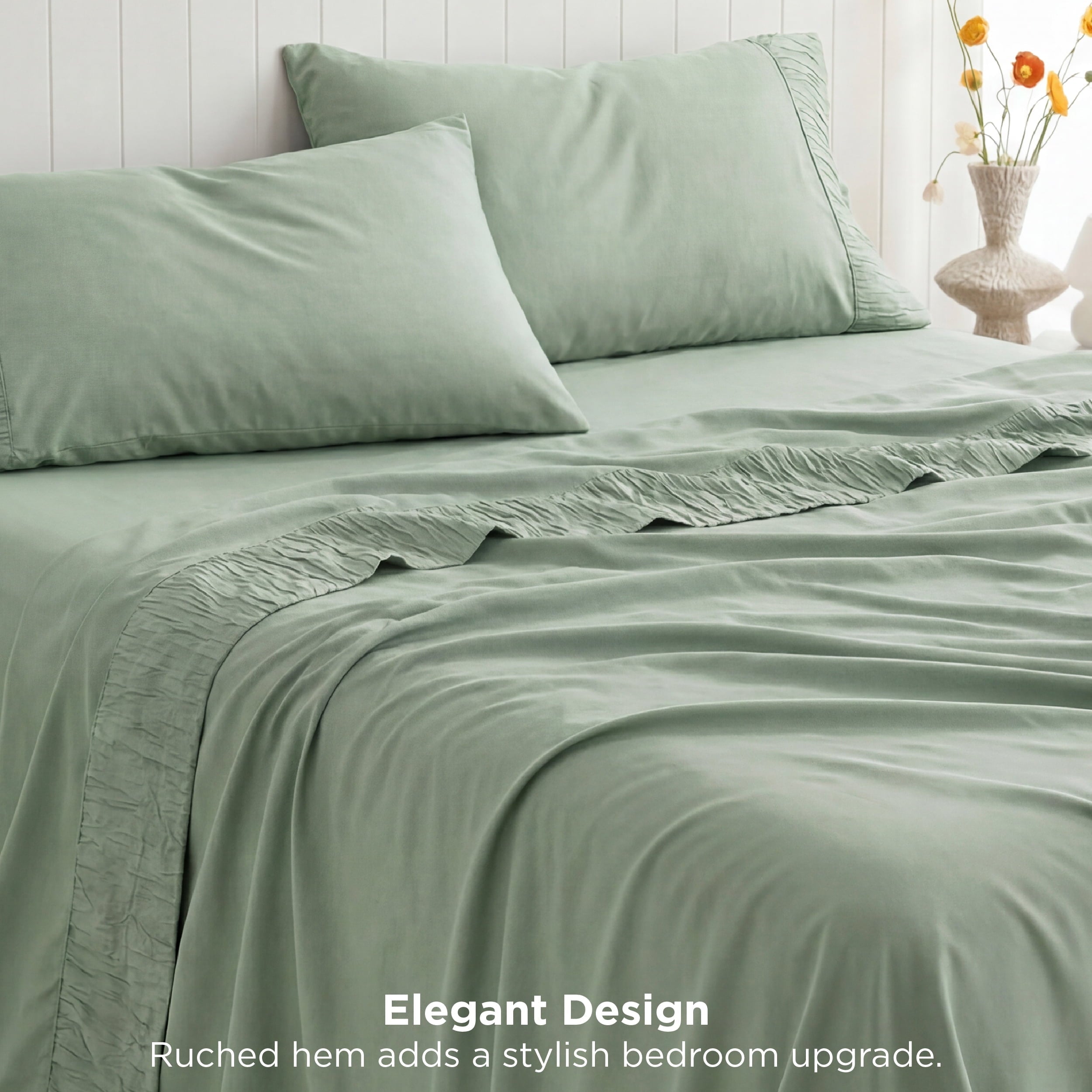 Breathable Luxury Queen Sheets Set, 4 Pieces Deep Pockets Cooling Soft Polyester Microfiber Bed Sheets Set, Sea Foam Green - Cooling Hotel Quality Bedding Sheets and Pillowcases Detail