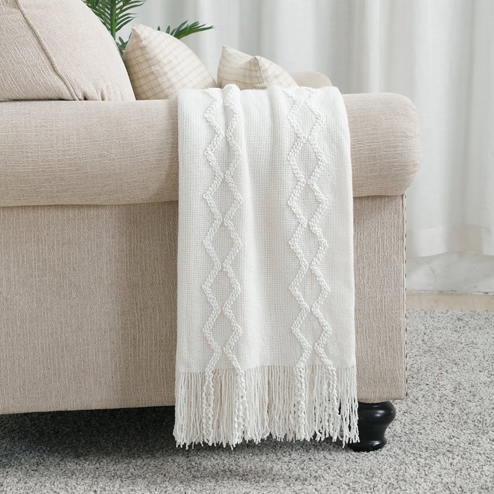 Decorative Knitted Fluffy Chenille Knitted Fringe Throw Blanket, Lightweight Soft Cozy Bed Sofa Chair Blanket, White, 50" x 60" - Super Soft Reversible Sherpa Flannel Blanket Detail