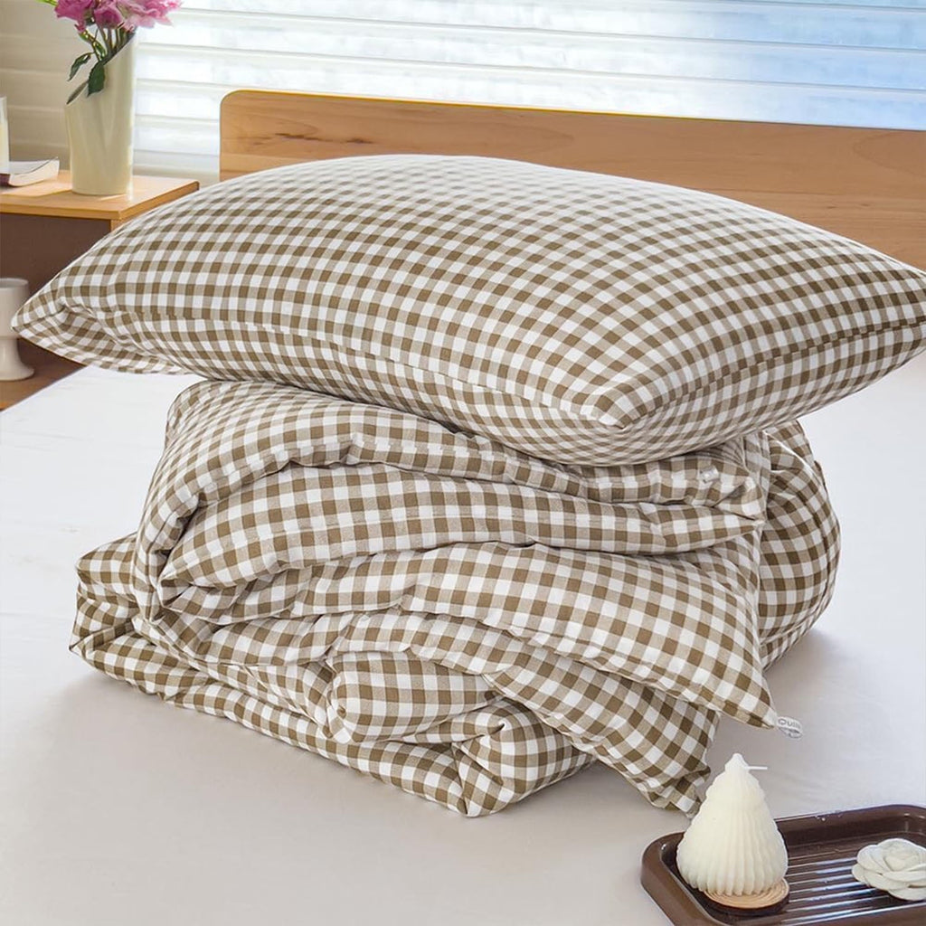 Heavyweight Warmth Tan Gingham Queen Comforter Set, Taupe Plaid Bedding Set, Checked Bed Comforter 3 Pieces(Tan Gingham, Queen) - Cloud-Like Soft Lightweight Bed Comforter Detail