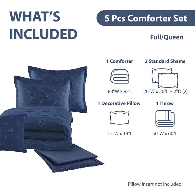 Fluffy Down Alternative 5-Piece Reversible Comforter Set Navy Cross Stitch Bedding with Decor Pillow and Throw, Full/Queen - Luxurious Quilted Duvet Cover Set Detail