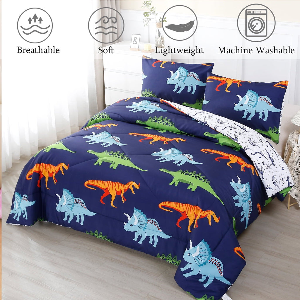 Heavyweight Warmth 3 Pcs Dinosaur Twin Size Bedding Sets for Boys, Dinosaur Printing Boys Comforter Set, Blue and White Reversible Bed C... - Hypoallergenic Ultra-Fluffy Quilt for Winter Detail