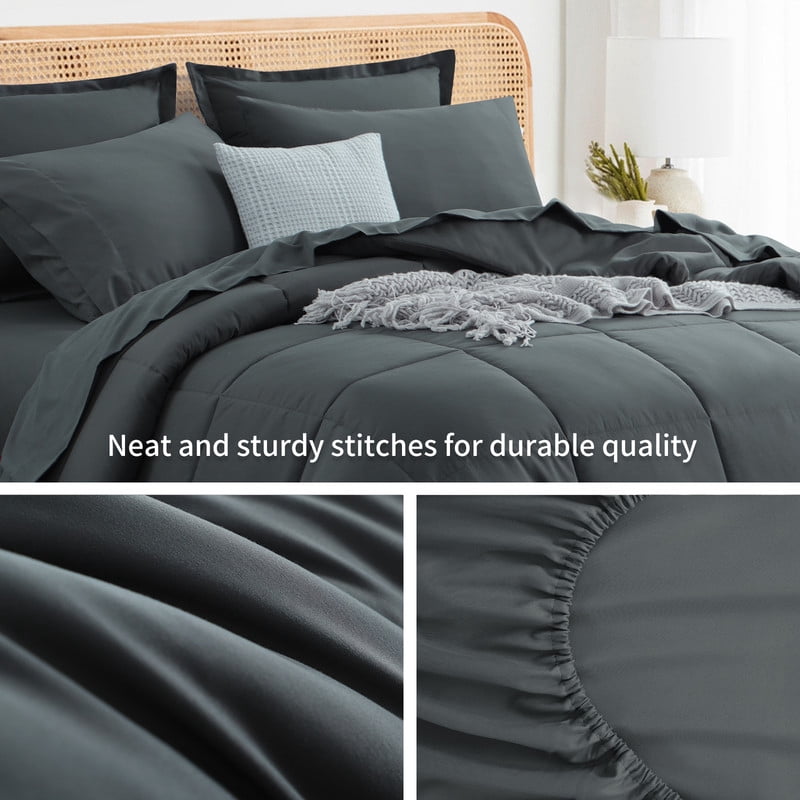 Fluffy Down Alternative 7 Pieces Comforter Set with Sheets - Bed in a Bag with Comforter and All Season Sheets, Pillowcases,Dark Gray,Queen - Cloud-Like Soft Lightweight Bed Comforter Detail