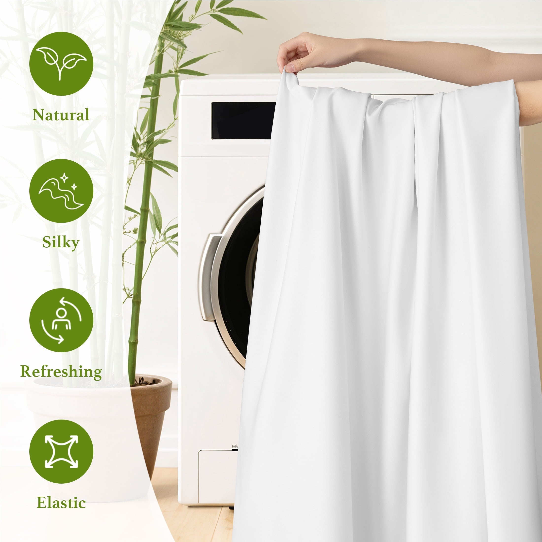 Cooling Sateen Bamboo Sheets Set, 4-Piece Queen Sheet Set with 16" Deep Pockets, Soft and Breathable Bed Sheets, White - Premium Ultra-Soft Pillowcase Pair for Sleeping Detail
