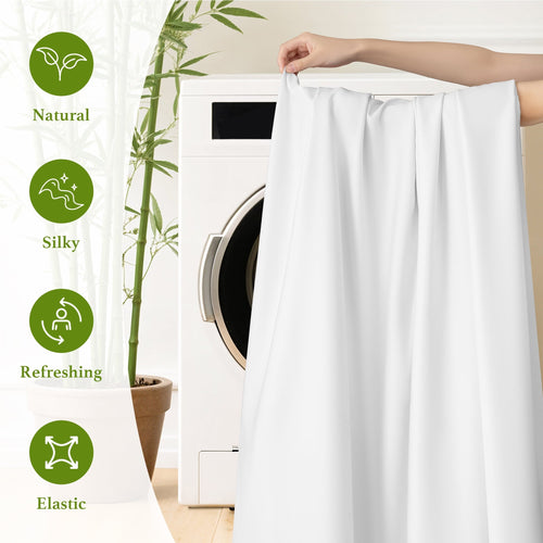 Cooling Sateen Bamboo Sheets Set, 4-Piece Queen Sheet Set with 16" Deep Pockets, Soft and Breathable Bed Sheets, White - Premium Ultra-Soft Pillowcase Pair for Sleeping Detail