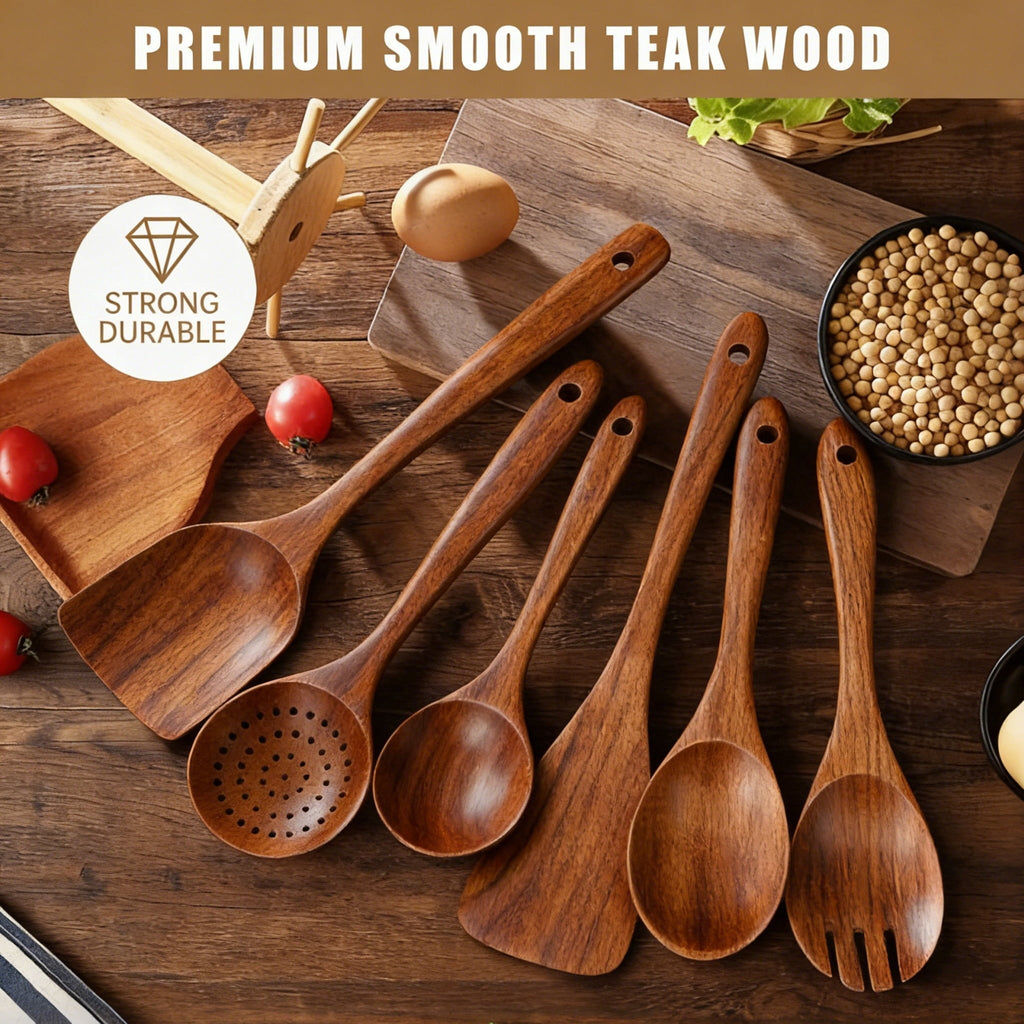 Non-Stick Safe Wooden Spoons for Cooking, 6 PCS Teak Wood Cooking Utensil Set, Wooden Kitchen Utensils for Nonstick Pans & Cookware,... - Heat-Resistant Silicone Cooking Spatula Turner Detail