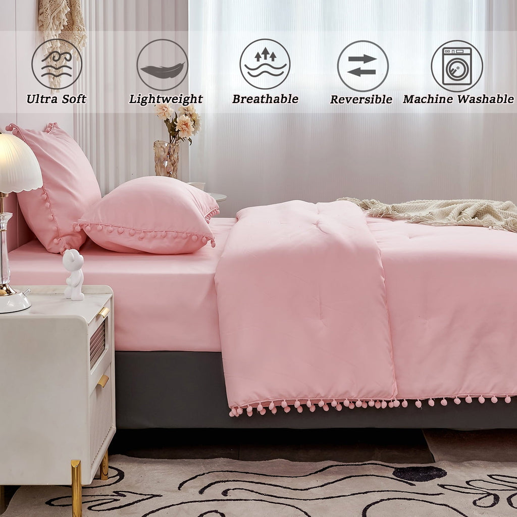 All-Season Pink Full Size Comforter Set Pom Fringe 3 Pcs Boho Chic Cute Ball Pom Blush Bedding Set Cali Soft Lightweight Solid B... - Hypoallergenic Ultra-Fluffy Quilt for Winter Detail