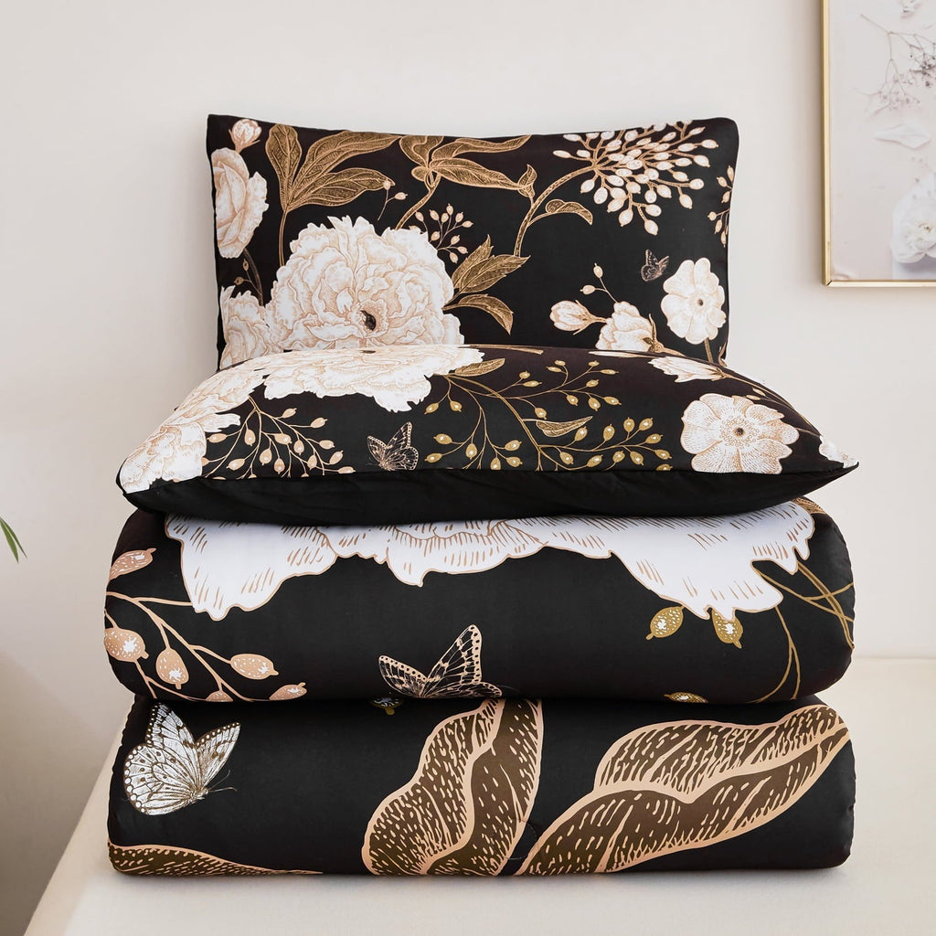 Heavyweight Warmth Black Floral Comforter Set Queen, Printed Comforter White Flowers Butterfly Bedding Set, 3 Pieces Botanical Reversibl... - Hypoallergenic Ultra-Fluffy Quilt for Winter Detail