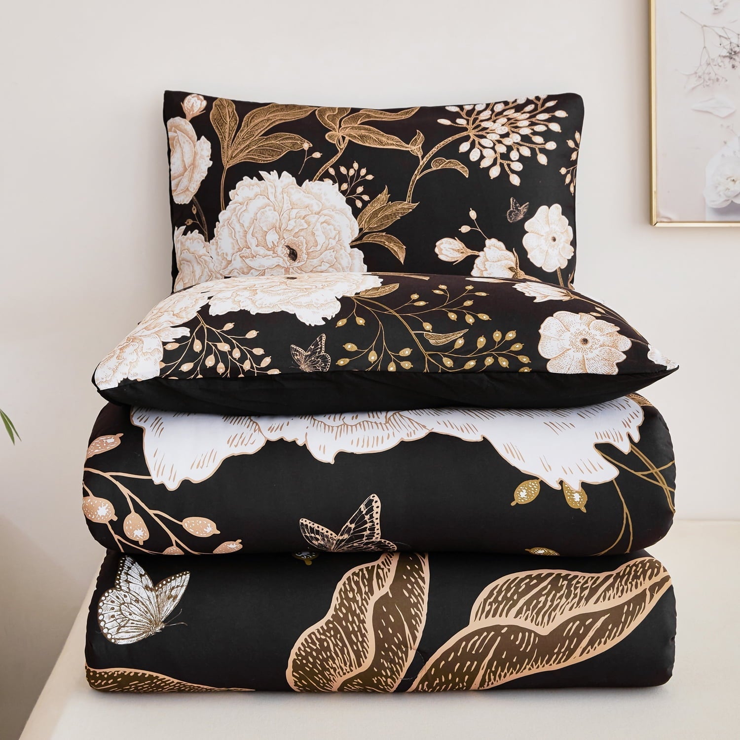 Heavyweight Warmth Black Floral Comforter Set Queen, Printed Comforter White Flowers Butterfly Bedding Set, 3 Pieces Botanical Reversibl... - Hypoallergenic Ultra-Fluffy Quilt for Winter Detail