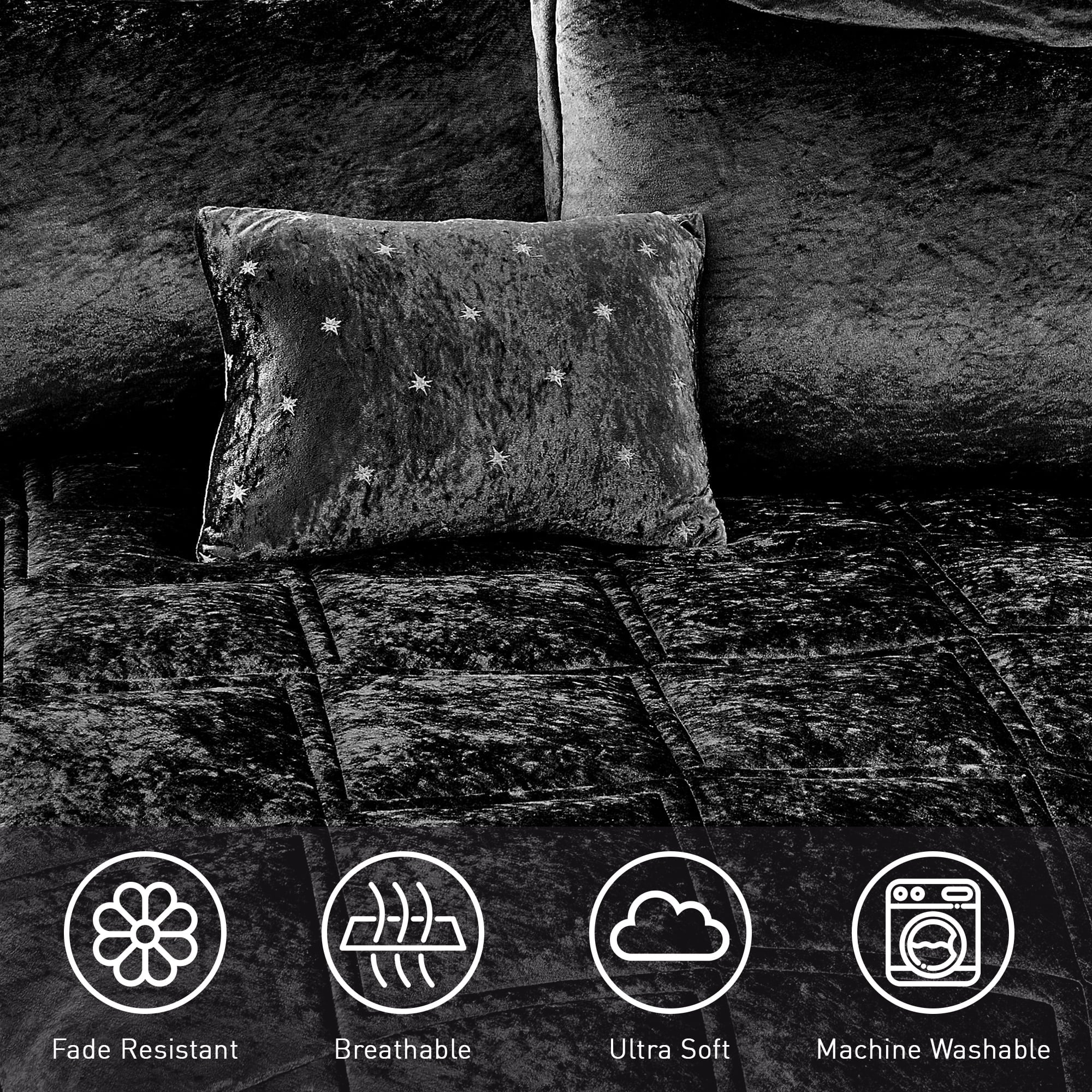 Luxurious Quilted King/Cal King Size Comforter Sets, Velvet Bedding Comforter Set for All Seasons, Black Bedding Set with Decor Pillow - Hypoallergenic Ultra-Fluffy Quilt for Winter Detail