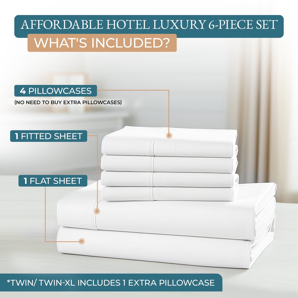 Wrinkle-Resistant Bed Sheets Set – 6 Piece, 600 Thread Count, 100% Cotton Sheets, Hotel Luxury Sateen Finish, 15" Deep Pocket, Easy to ... - Luxury Bed Sheet Set with Deep Pockets Detail