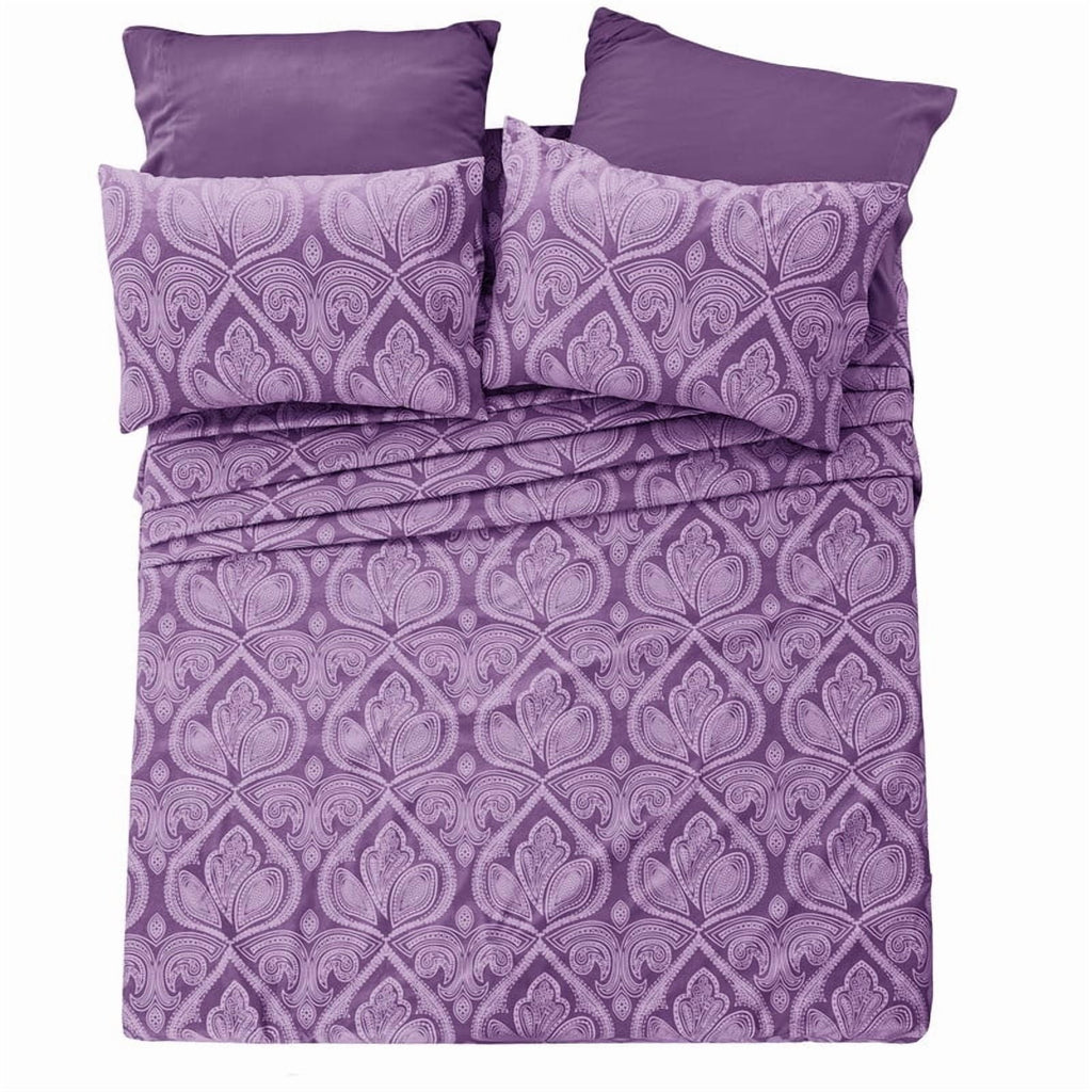 Breathable Luxury Paisley Printed Queen Bed Sheets Set, Microfiber 6 Piece Bedding Set - Purple - Cooling Hotel Quality Bedding Sheets and Pillowcases Detail