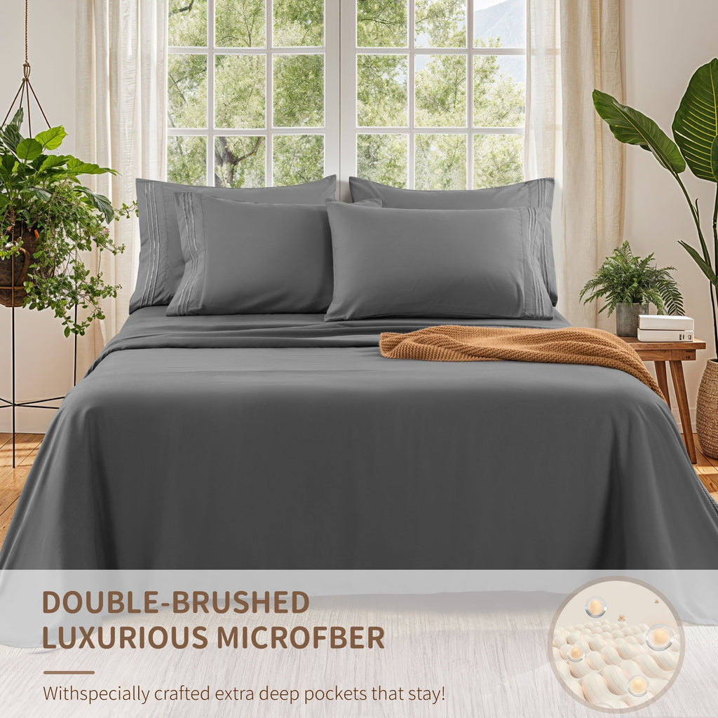 Wrinkle-Resistant 6 Pieces Bed Sheet Set, 1800 Series Soft Microfiber Queen Sheets with 16" Deep Pocket, Dark Gray - Premium Ultra-Soft Pillowcase Pair for Sleeping Detail