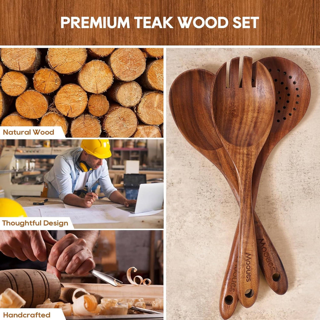 Ergonomic Cooking 6-Piece Natural Teak Wooden Spoons for Cooking With 10 Hooks，Handcrafted Kitchen Utensils Set ，Ideal Gift Set - Durable Turner & Ladle Utensil Set for Home Chefs Detail