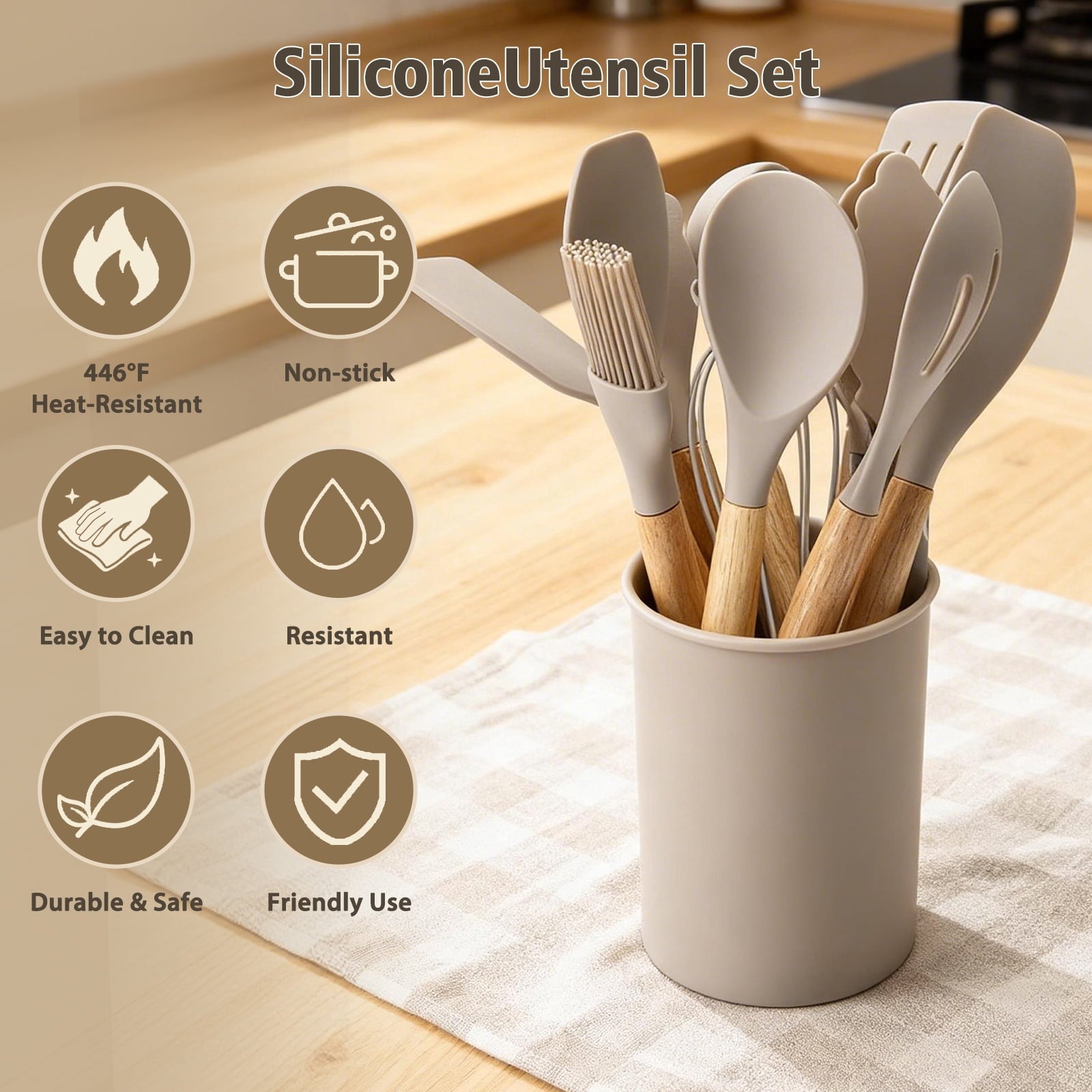 High-Precision Silicone Cooking Utensils Set, Heat Resistant Kitchen Tools, 36 PCS Non-Stick Silicone Cooking Kitchen Utensils, Khaki - High-Precision Culinary Tool for Baking & Cooking Detail