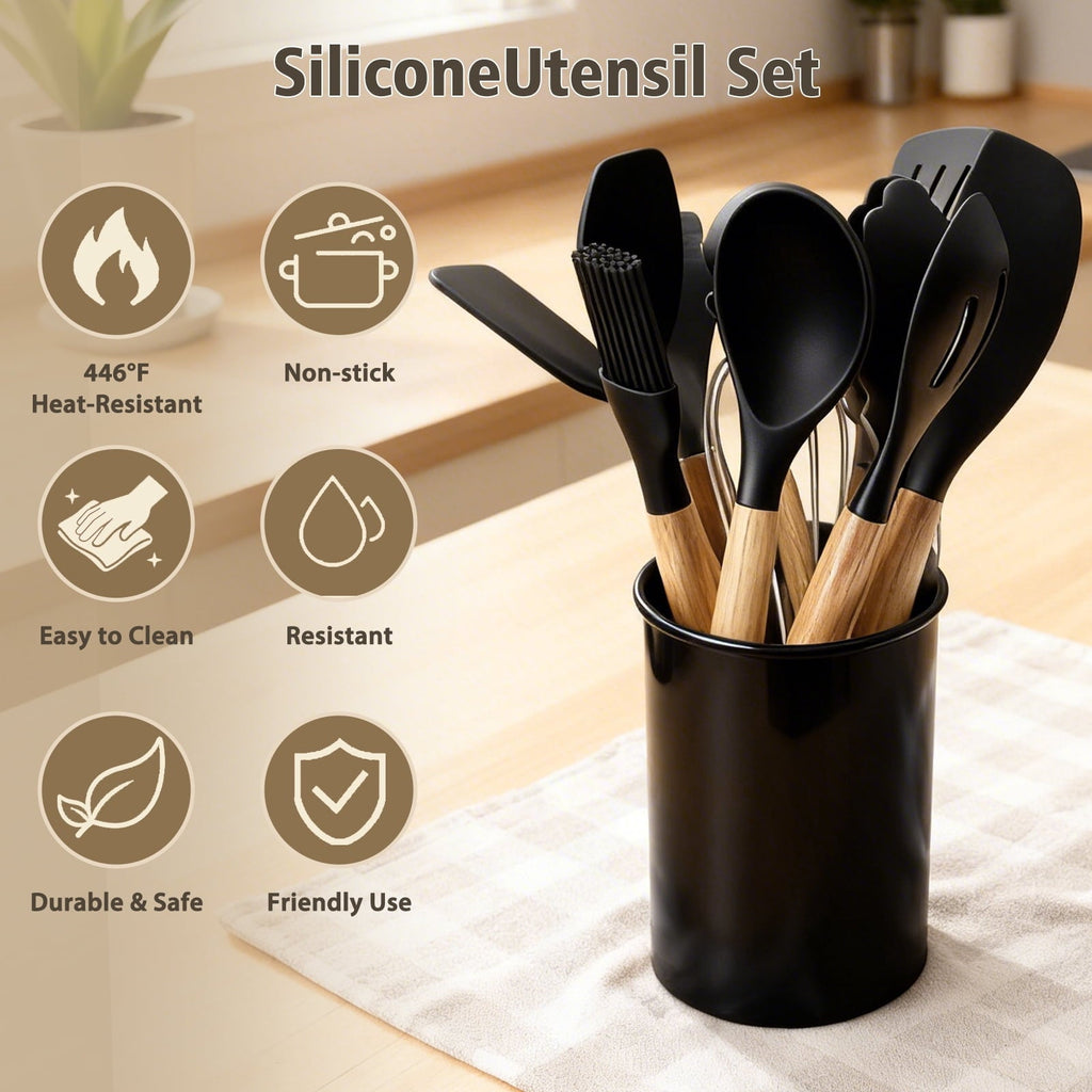 Non-Stick Safe Silicone Cooking Utensils Set, Heat Resistant Kitchen Cooking Utensils Set, 12 PCS Handle Silicone Kitchen Gadgets Ut... - Ergonomic Kitchen Tongs and Cooking Spoon Utensil Detail