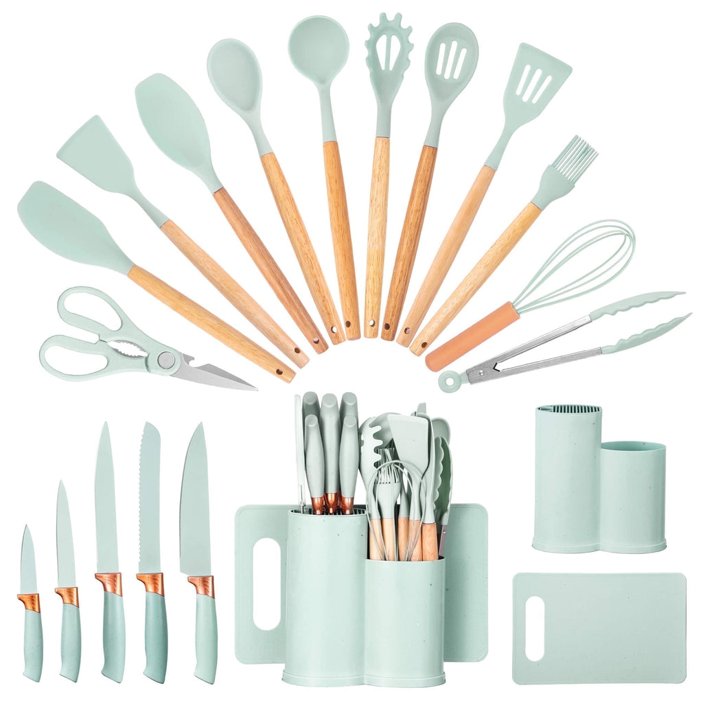 Non-Stick Safe 19pcs Silicone Kitchen Utensil Set, Heat-Resistant Non-Stick Easy Cooking Cleaning Home Light-Green - Ergonomic Kitchen Tongs and Cooking Spoon Utensil - Default Title