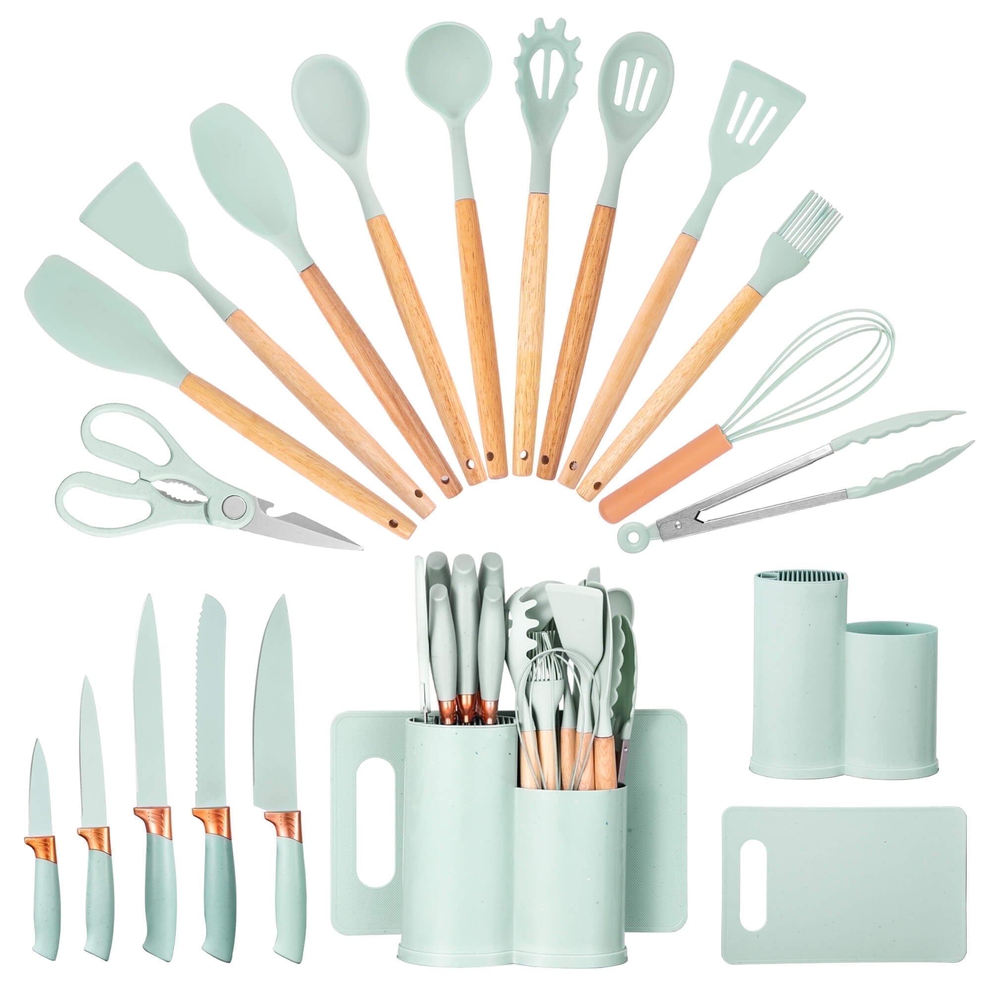 Non-Stick Safe 19pcs Silicone Kitchen Utensil Set, Heat-Resistant Non-Stick Easy Cooking Cleaning Home Light-Green - Ergonomic Kitchen Tongs and Cooking Spoon Utensil - Default Title