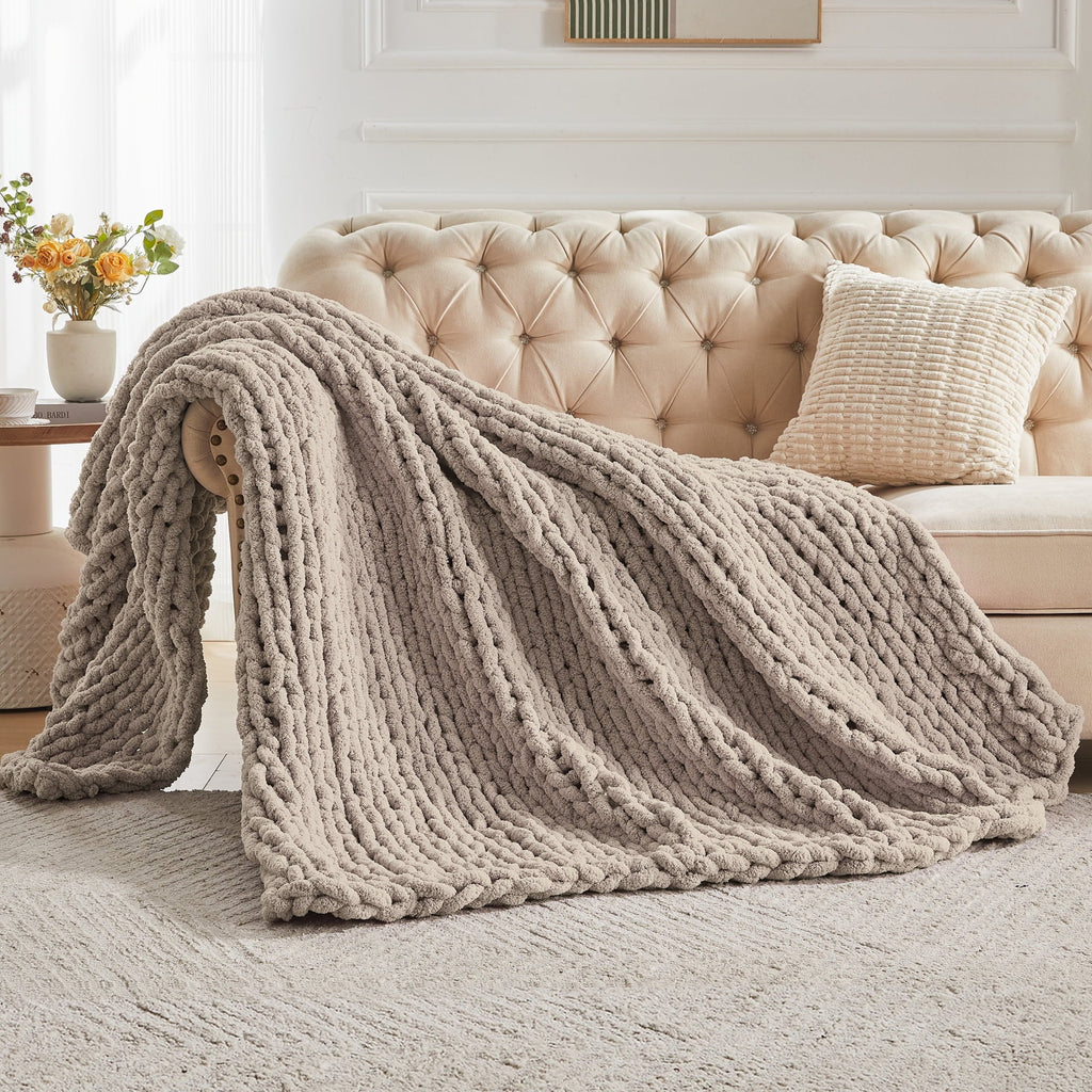 Reversible Sherpa Chunky Knit Throw Blanket Handmade Soft Throws for Couch Sofa Bed, 50" x 60" Taupe - Luxury Knitted Decorative Throw Blanket with Fringes Detail