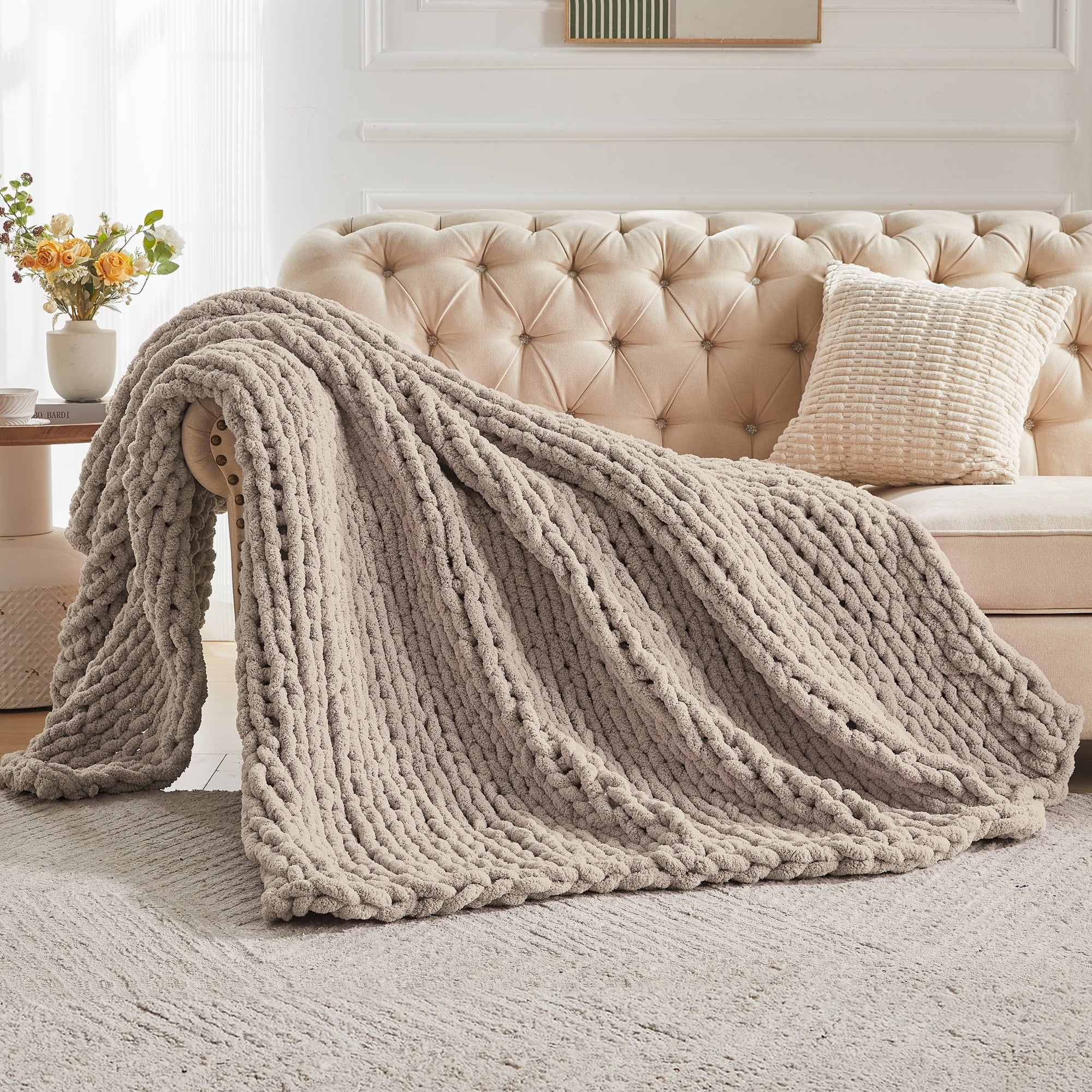 Reversible Sherpa Chunky Knit Throw Blanket Handmade Soft Throws for Couch Sofa Bed, 50" x 60" Taupe - Luxury Knitted Decorative Throw Blanket with Fringes Detail