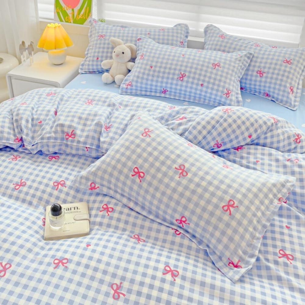 Fluffy Down Alternative 3-Piece Blue Plaid Pink Bows Comforter Full Set , Cute Soft Bedding Set for Kids Adults - All-Season Down Alternative Comforter Insert Detail