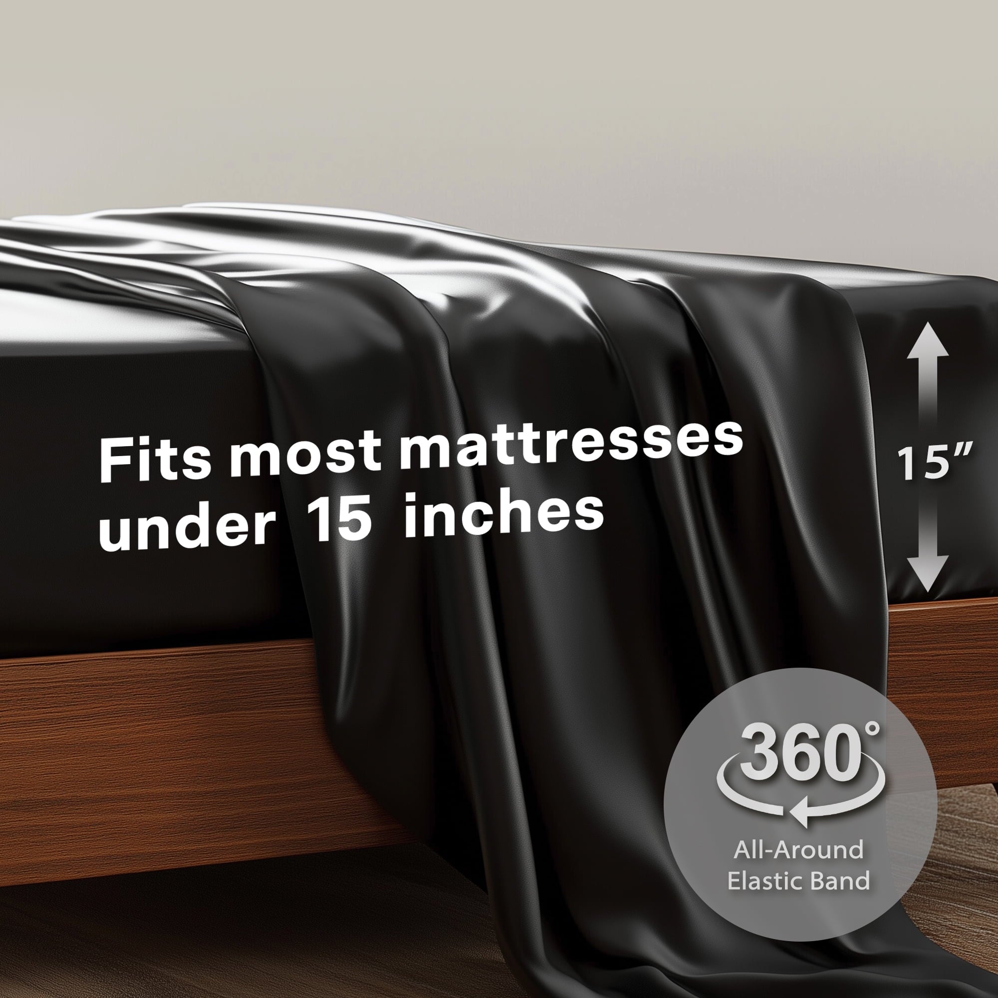 Cooling Sateen Queen Silk Black Bed Sheet Set,4 Pieces 1800 Microfiber 2 Pillowcase 20"x30" - Luxury Bed Sheet Set with Deep Pockets Detail