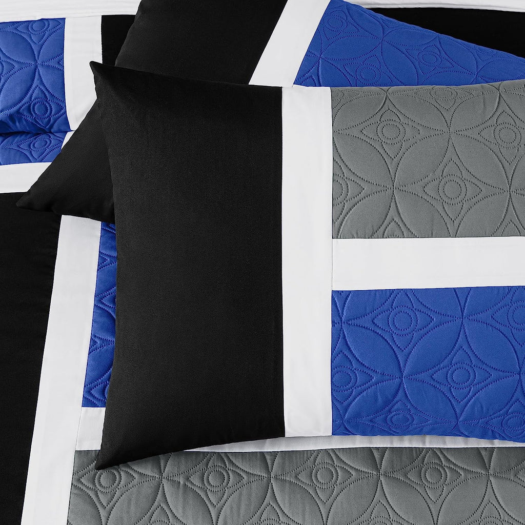 Fluffy Down Alternative Bernard 7-Piece Full Bed in a Bag Comforter Set with Sheets, Lightweight Comforter Blue Black Gray Patchwork Quilted ... - Luxurious Quilted Duvet Cover Set Detail