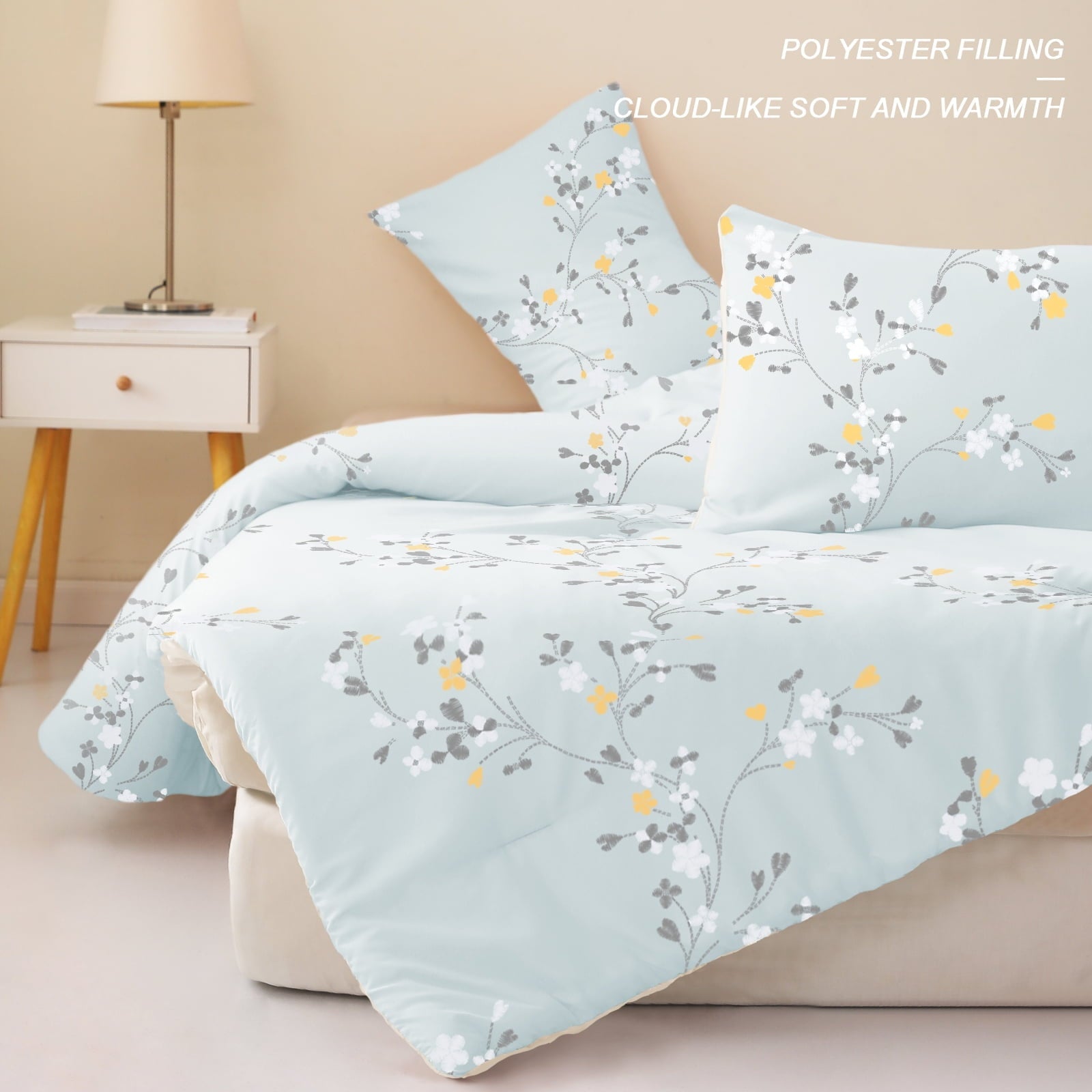 Fluffy Down Alternative 3-Piece Floral King Size Comforter Set, Microfiber Bedding Down Alternative Comforter for All Seasons with 2 Pillow S... - Cloud-Like Soft Lightweight Bed Comforter Detail