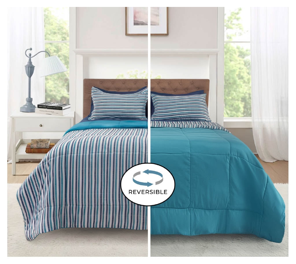 Hypoallergenic Cloud All in One Reversible Comforter and Sheet Set- 7 Piece, Queen, Blue Pinstripe - Hypoallergenic Ultra-Fluffy Quilt for Winter Detail