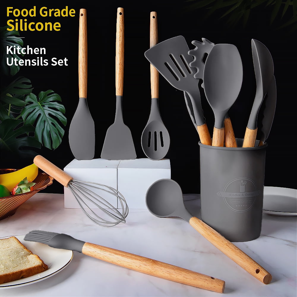 Seamless One-Piece Silicone Wooden Heat Resistant Kitchen Utensil Set, 12 pcs - Durable Turner & Ladle Utensil Set for Home Chefs Detail