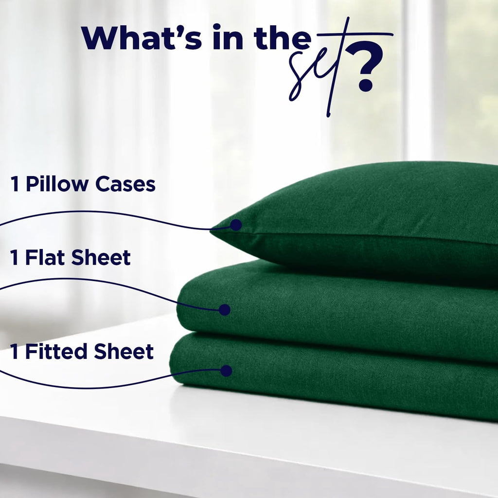 Wrinkle-Resistant Bed Sheet Set Twin 3 Piece Hunter Green Breathable Soft Cotton Jersey Sheets with Deep Pockets, Unisex - Premium Ultra-Soft Pillowcase Pair for Sleeping Detail
