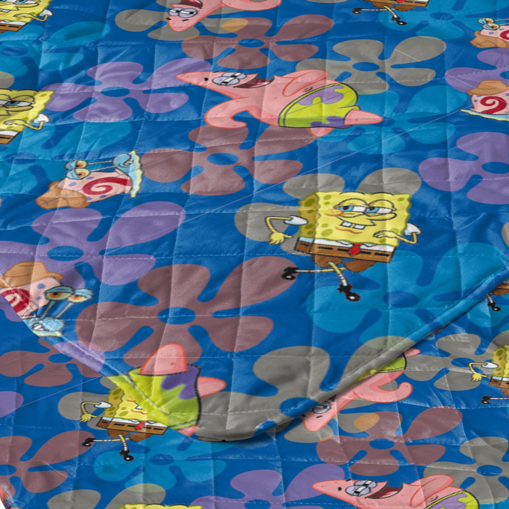 Reversible Sherpa Spongebob Tropical Waltz Quilted Throw Blanket 60x80 inches, Kids Character Bedding - Super Soft Reversible Sherpa Flannel Blanket Detail