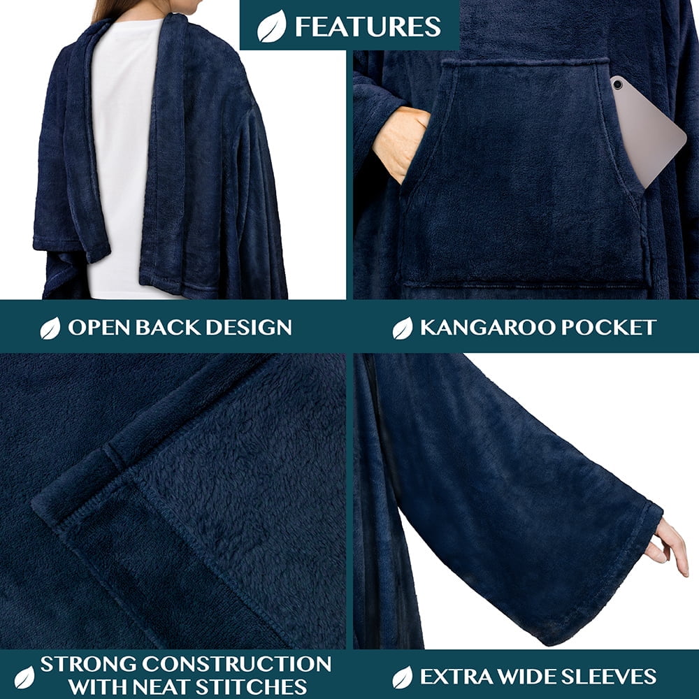 Decorative Knitted Navy Blue Fleece Wearable Blanket with Sleeves for Adults Women Men, Soft Warm Full Body Wrap Throw, Sweatshirt Pocke... - Super Soft Reversible Sherpa Flannel Blanket Detail