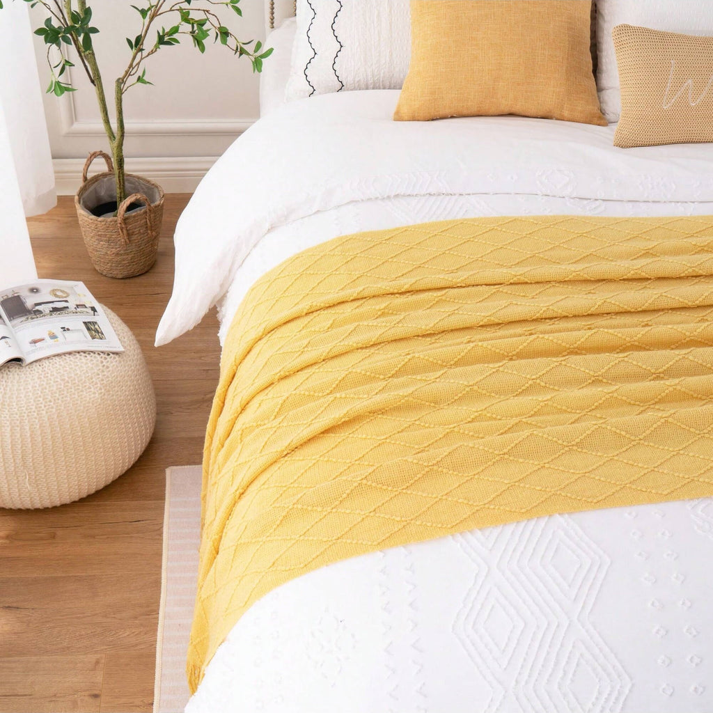 Super Soft Flannel Mustard Throw Blanket for Couch,Gold Yellow Knit Throw with Fringe,Outdoor Throw ,50"x60" - Luxury Knitted Decorative Throw Blanket with Fringes Detail