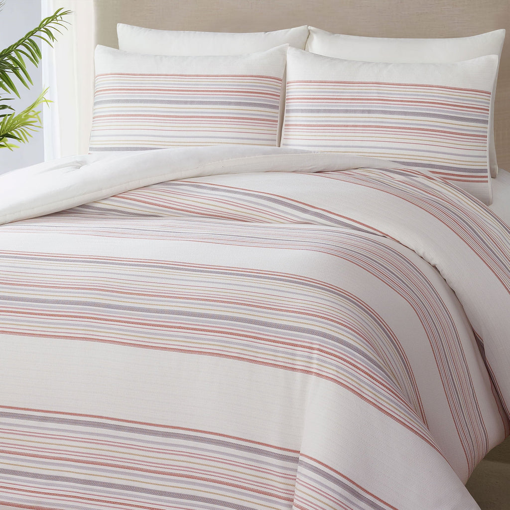 Hypoallergenic Cloud 3-Piece Red Yarn Dye Stripe Comforter Set, Full/Queen - Luxurious Quilted Duvet Cover Set Detail
