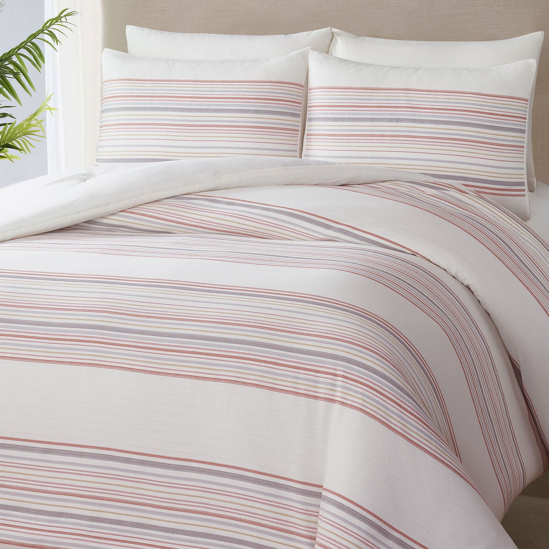 Hypoallergenic Cloud 3-Piece Red Yarn Dye Stripe Comforter Set, Full/Queen - Luxurious Quilted Duvet Cover Set Detail