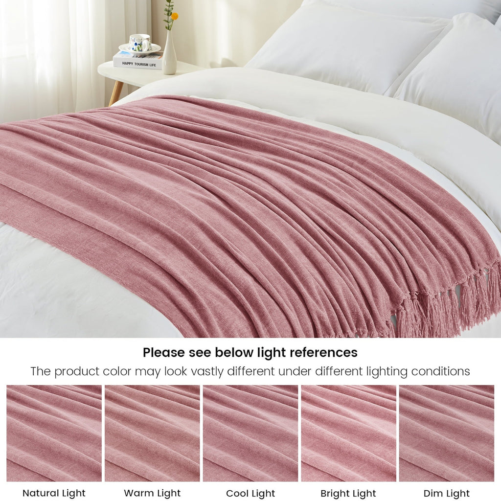 Cozy Fleece Chenille Throw Blanket with Fringe Tassel for Couch Sofa Chair Bed, Mauve 50" X 70" - Super Soft Reversible Sherpa Flannel Blanket Detail