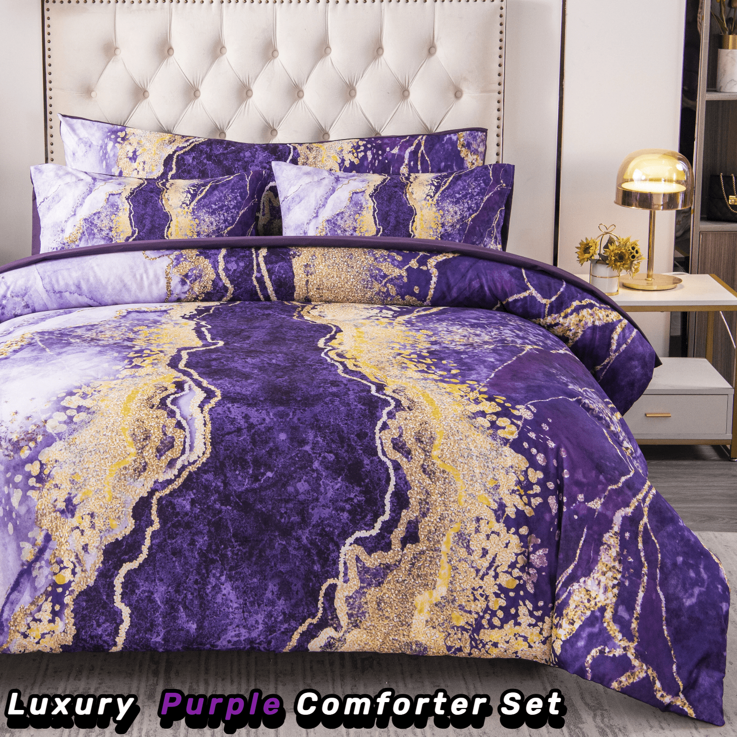 All-Season 6 Pieces Queen Size Comforter Set Purple,Watercolor Marble Colorful Purple Bedding,Ultra Soft Purple Bed Set with Com... - Luxurious Quilted Duvet Cover Set Detail