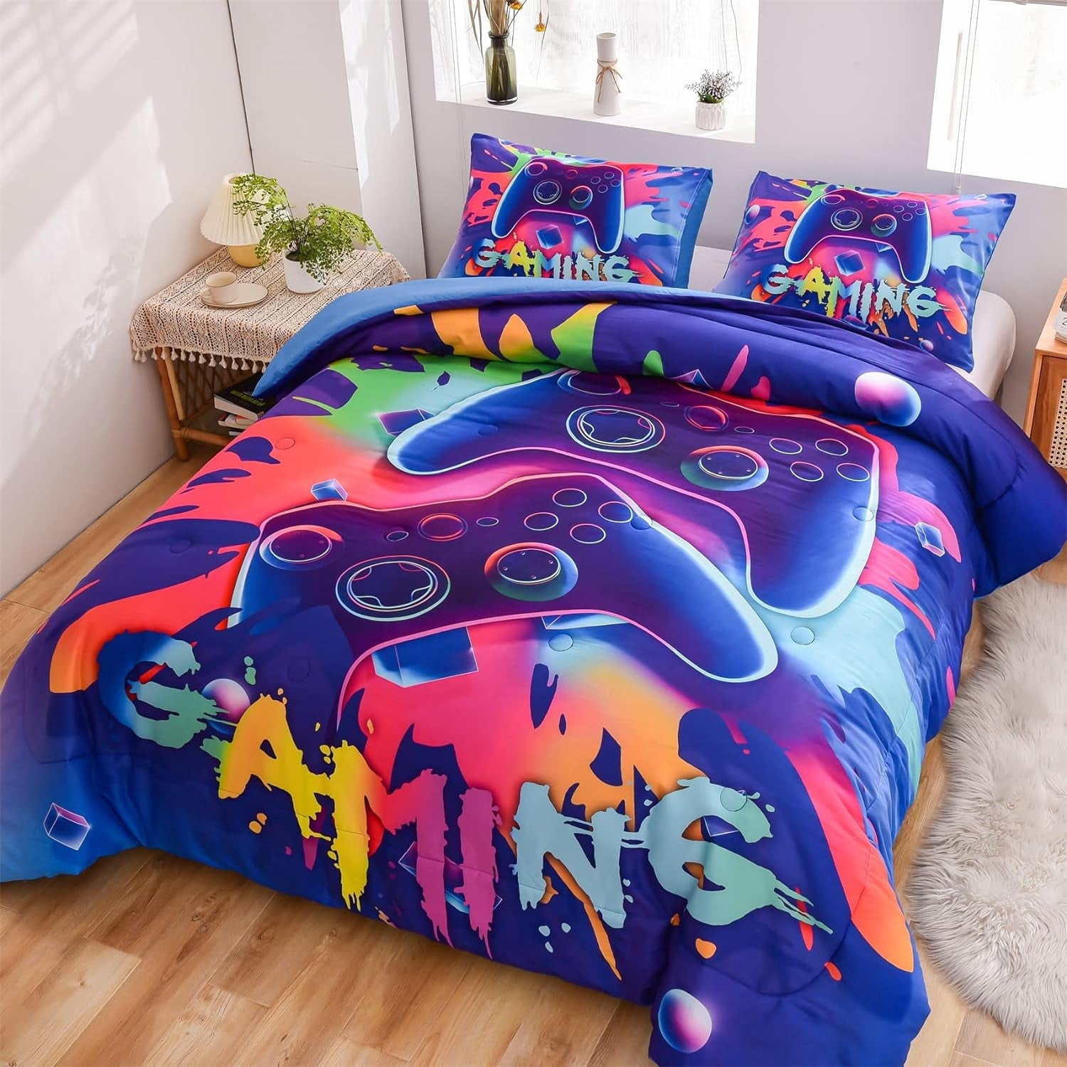 All-Season Purple Queen Gaming Comforter Sets for Boys Kids Bedding Sets Colorful Games Console Gamer Quilt Set - Luxurious Quilted Duvet Cover Set Detail
