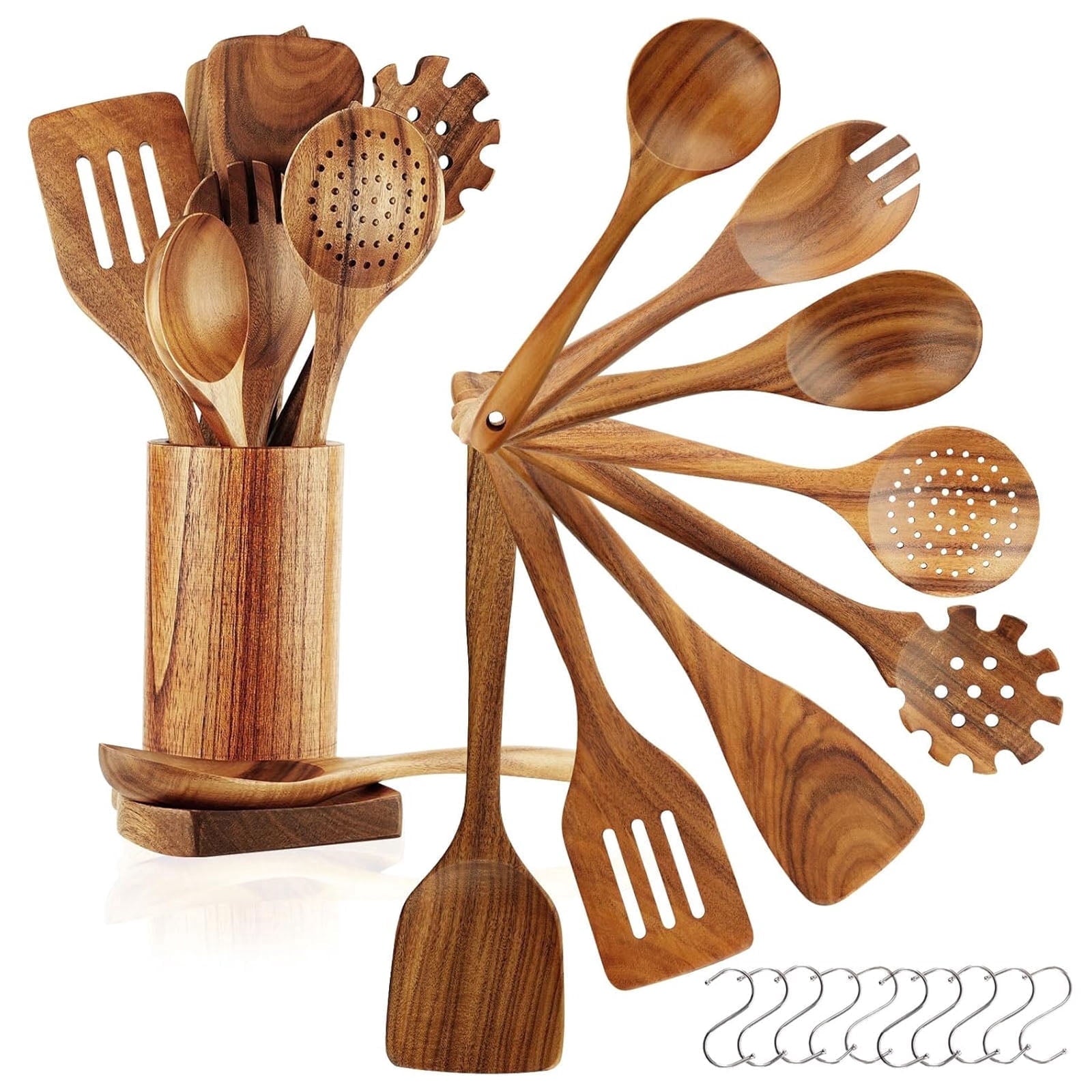 Ergonomic Cooking 10Pcs Wooden Spoons for Cooking, Smooth Finish Teak Wooden Utensils for Cooking, Soft Comfort-Grip Wood Spoons for Co... - Heat-Resistant Silicone Cooking Spatula Turner - Default Title
