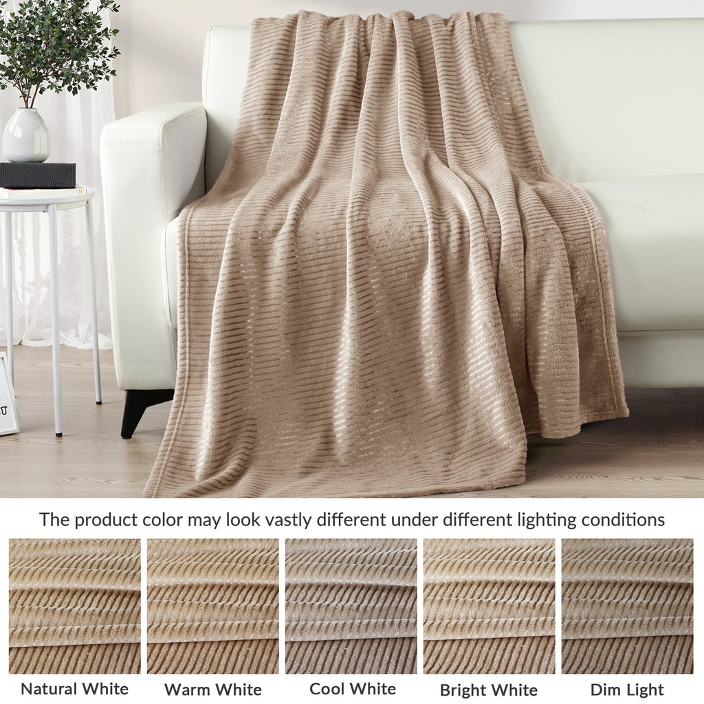 Reversible Sherpa Soft Throw Blanket, 50"x60", Camel - Luxury Knitted Decorative Throw Blanket with Fringes Detail