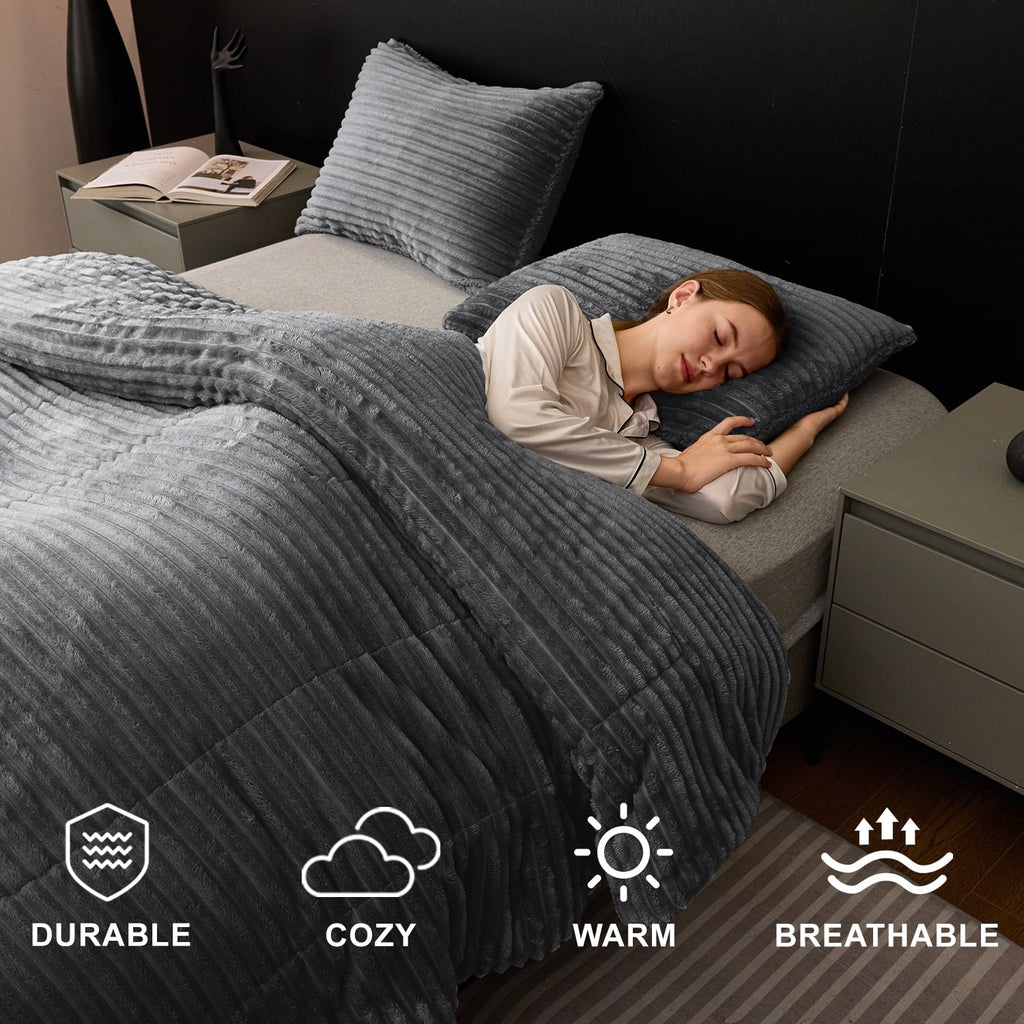 All-Season 3 Piece Fleece Queen Comforter Set - Soft & Warm Fluffy Dark Gray Sherpa Bedding , Fuzzy Heavy Double Sided Design Wi... - Luxurious Quilted Duvet Cover Set Detail