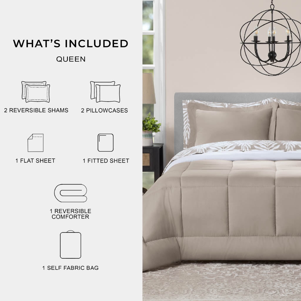 Luxurious Quilted All in One Reversible Comforter and Sheet Set- 7 Piece, Queen, Beige Palm - Hypoallergenic Ultra-Fluffy Quilt for Winter Detail