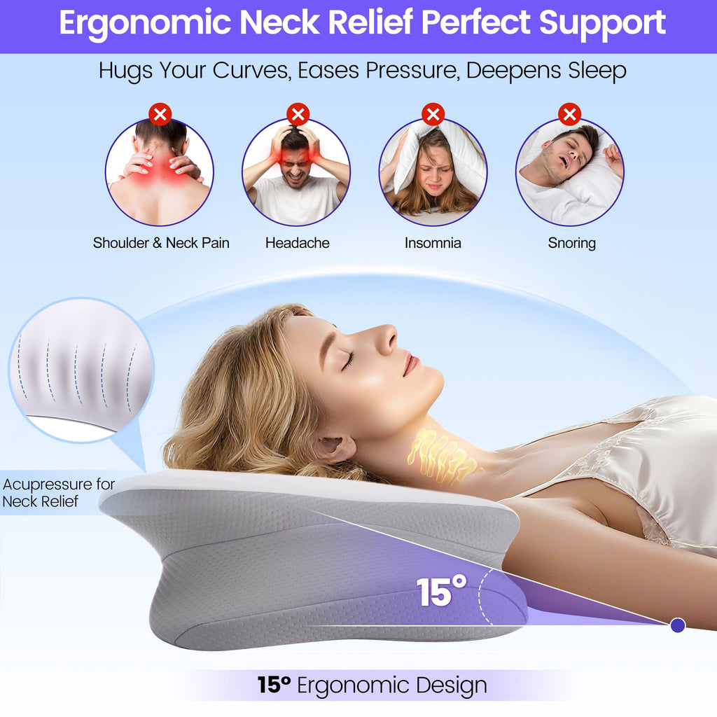 Ergonomic Memory Foam Ergonomic Cervical Pillows，Memory Foam Bed Pillow for Neck & Shoulder Pain Relief for Side Back Stomach Sleepers White - Orthopedic Shredded Foam Bed Pillow Set Detail