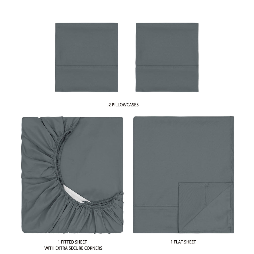 Cooling Sateen Super Soft Brushed Microfiber Bed Sheet Set, Soothing Gray, Queen, 4 Piece - Premium Ultra-Soft Pillowcase Pair for Sleeping Detail