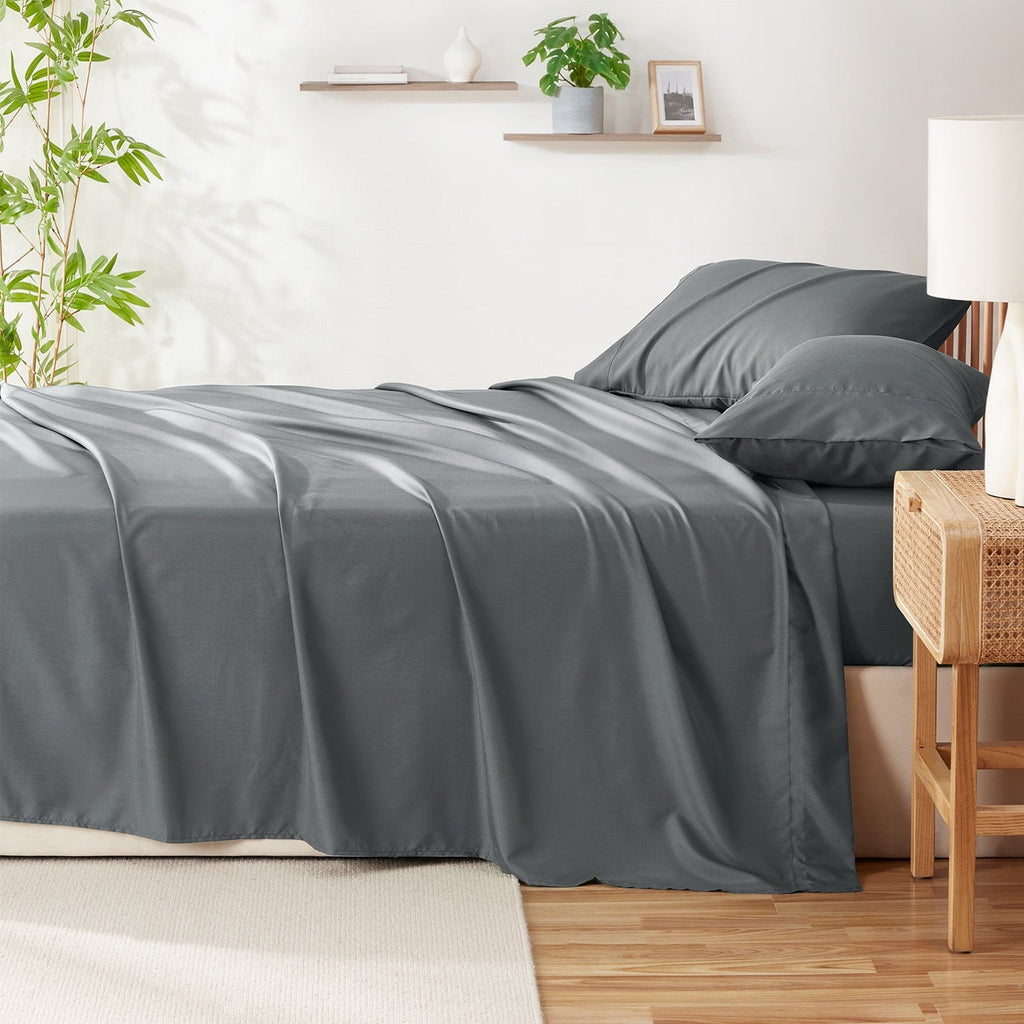 Premium Egyptian Cotton Virtu Bed Sheets Set, Deep Pocket Rayon Derived 4 Piece Queen Sheets sets, Gray - Cooling Hotel Quality Bedding Sheets and Pillowcases Detail