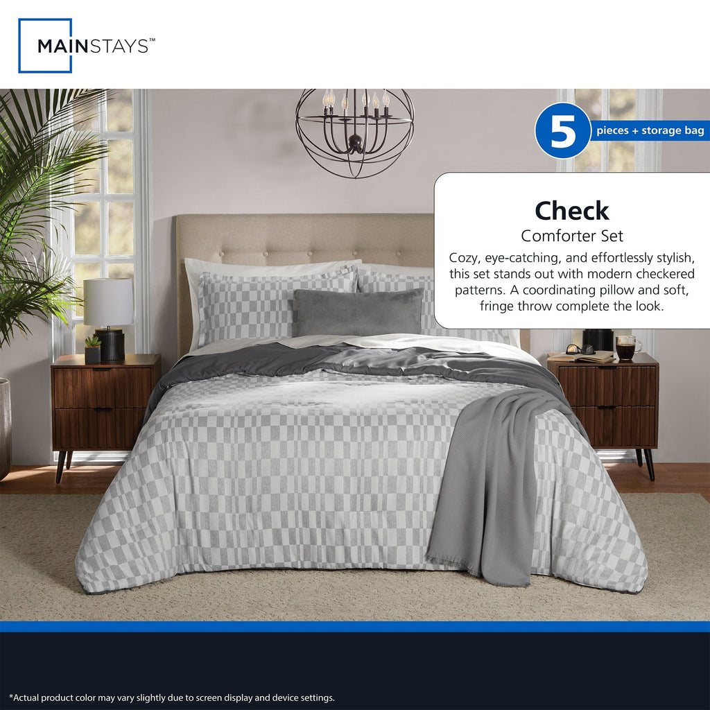 Hypoallergenic Cloud Full/Queen Comforter Set, All-Season, 5-Piece, Soft Silver Check - Hypoallergenic Ultra-Fluffy Quilt for Winter Detail