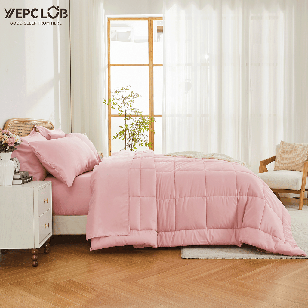 Heavyweight Warmth 7-Piece Queen Size Comforter Set,Pink Reversible Bed in a Bag,All Season Solid Bedding Set with Sheets,Pillowcases & ... - All-Season Down Alternative Comforter Insert Detail