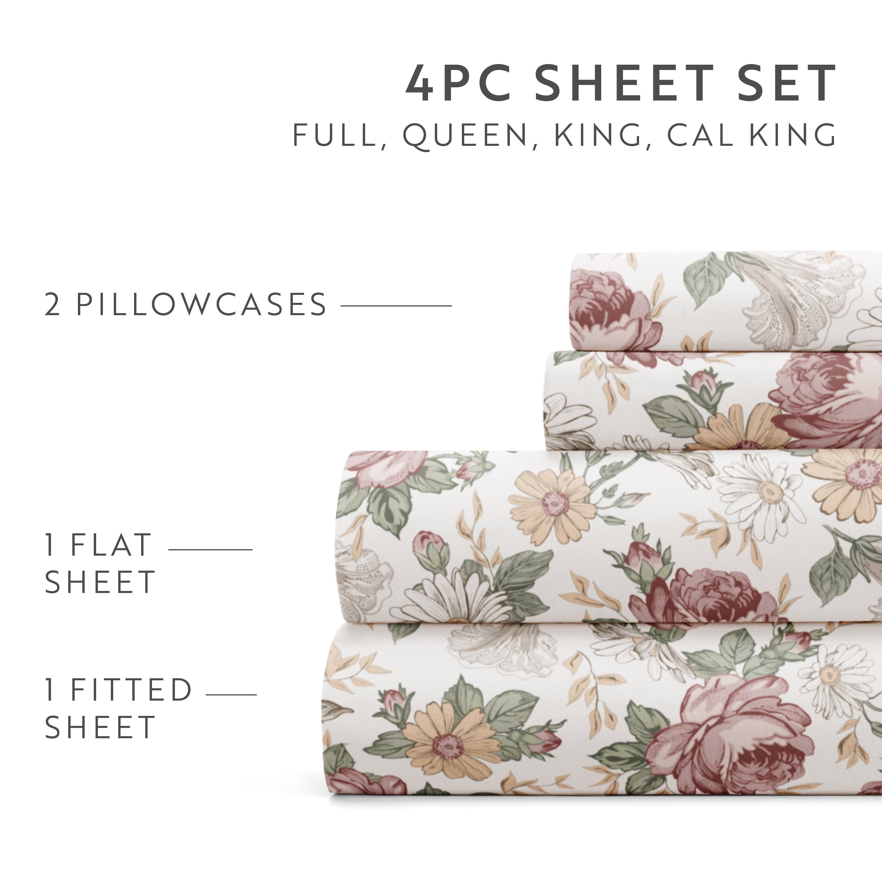 Wrinkle-Resistant 4 Piece Pattern Microfiber Bed Sheets Set, Blooming Floral Rose, Queen - Cooling Hotel Quality Bedding Sheets and Pillowcases Detail