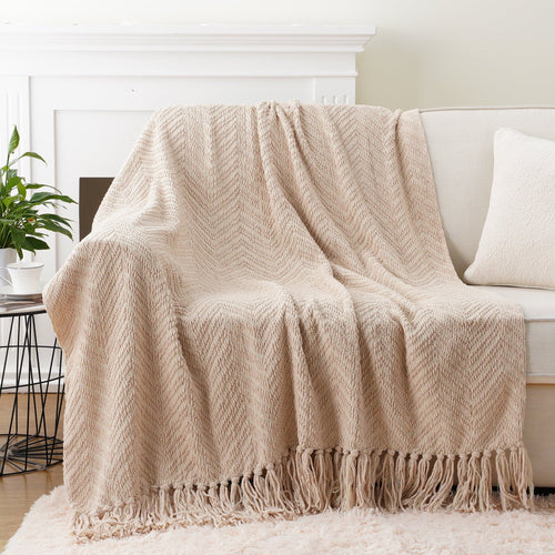 Decorative Knitted Beige Throw Blanket,Textured Knitted Tan Throws with Tassels,Neutral Sofa Bed Throws,50"x60" - Cozy Fleece Throw Blanket for Couch & Bed Detail